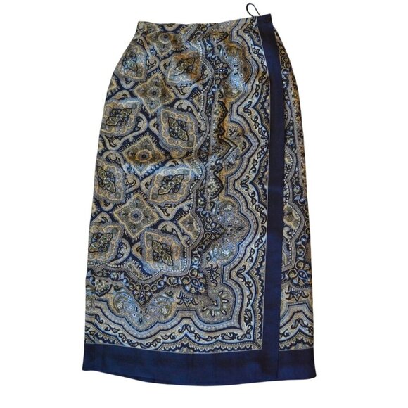 Vintage Talbots Silk Wrap Midi Skirt Navy Blue Gold Womens 10 Modern Medium - Picture 1 of 5